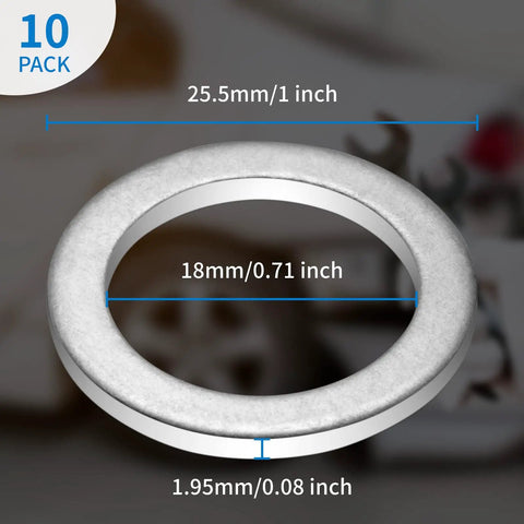 Close-up of aluminum Honda Transmission Fluid Drain Plug Crush Washer Replacement Gasket Pack Of 10 dimensions, 25.5mm OD, 18mm ID.
