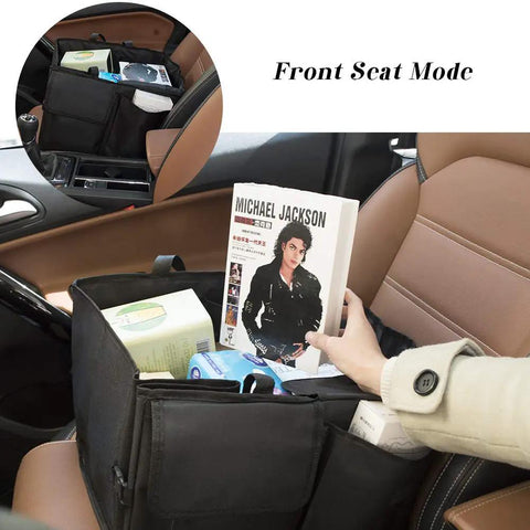 Car Trunk Backseat Organizer For SUV Eight Pocket Waterproof And Dustproof Cargo Net Storage with book and items inside
