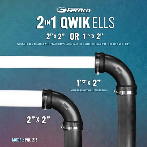 2 Inch Flexible PVC DWV 90 Degree Elbow With Optional 1.5 Inch Reducer Bushing For Cast Iron Steel And Plastic Pipe Connections Perfect For Drain Fix And Reno Jobs Long Reach Pro Approved, 2x2 install