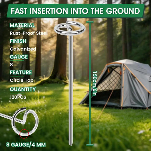 Image of 120 Pieces Heavy Duty Landscape Fabric Pins 8 Gauge Galvanized Steel Garden Staples Stakes With Round Head For Weed Barrier And Windproof Securement Yard And Tent Stakes against an outdoor background.