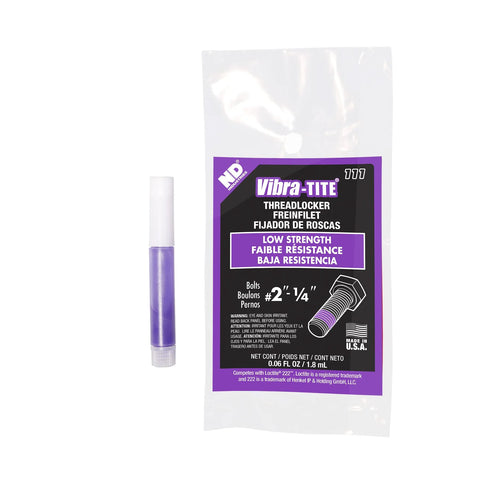 Front view of Vibra-TITE 111 low-strength purple anaerobic threadlocker in 2 ml bullet tube beside its packaging.