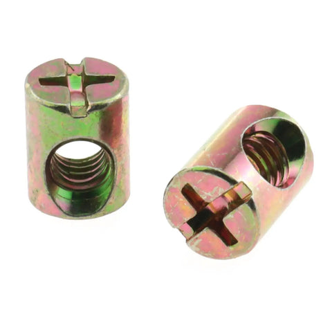 M6 Barrel Nuts for furniture assembly, 13mm size, galvanized hardware, heavy-duty locking for bed and crib use.
