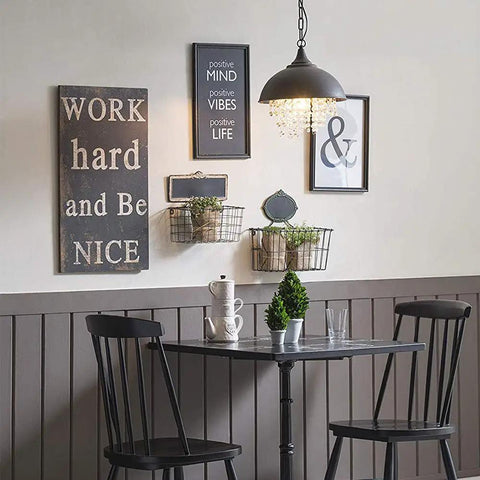 Crystal Pendant Light With Rustic Dome Shade For Dining Room Kitchen Island And Living Space above a small dining table.