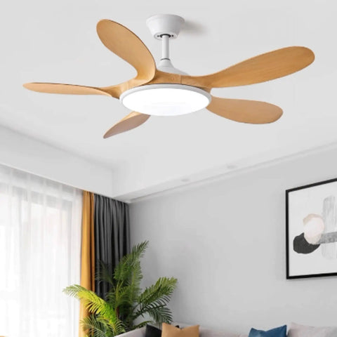 YPDJVLTI Ceiling Fans Lights 46-56Inch LED Fandelier with wooden blades in modern living room setting.