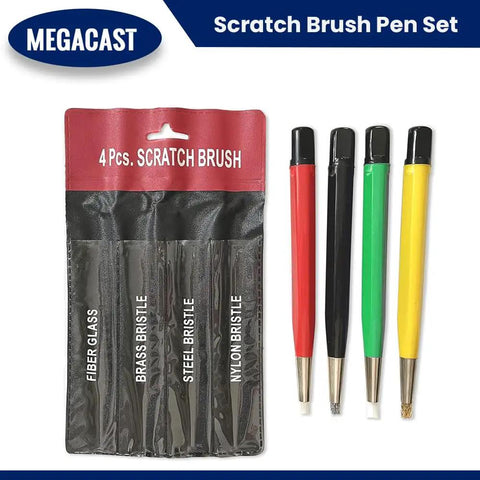 Pro Grade Four Piece Scratch Brush Set With Fiberglass, Brass, Steel And Nylon Nibs For Cleaning Jewelry, Watches, Coins And Circuit Boards