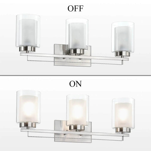 Three Light Brushed Nickel Vanity Light With Dual Glass Shades Sleek Modern Indoor Wall Mount Fixture For Bathroom And Kitchen Up Or Down Install Hardwired Interior Lighting shown in on and off states