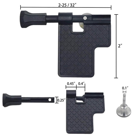 Fast And Easy Pivot Pin And Detent Installation Tool Kit For Roll Pins Three Piece Polymer Set With Detent Plunger Large Pin And Install Tool Fits Two Inch And Two And Three Quarter Inch Pivots with close-up of each piece and dimensions visible.