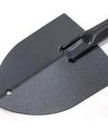 14 Gauge Round Point Trunk Shovel With Poly D Grip Handle For Camping Cars And Outdoor Gear Compact Portable Heavy Duty Steel Shovel Built Tough For Digging Landscaping Yard Cleanup And Emergency Situations Made In USA, focusing on the steel head and round point blade.