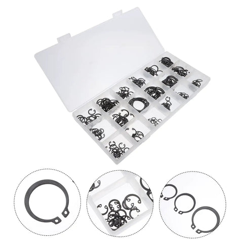 225 Piece Carbon Steel C Shaped Retaining Clip Assortment Kit External Snap Rings For Shafts And Axles in open case