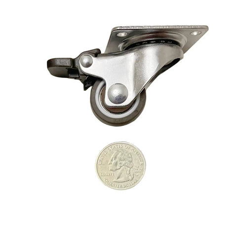 Smooth Ride One Inch Caster Set Packs Two Swivel Casters With Locking Pads And Self Tapping Screws, shown with a quarter for size comparison.
