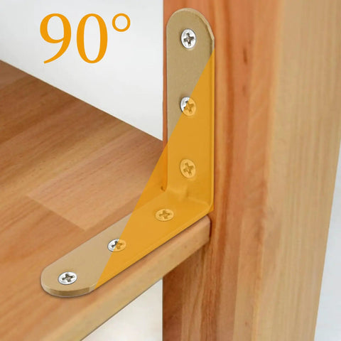 Heavy Duty L Bracket Corner Brace With Screws mounted at a 90° angle for shelf support, showcasing sturdy metal design.