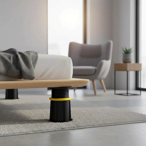 Heavy Duty Adjustable Bed Support Legs Built Tough Keep Your Mattress Frame Slammin Steady Height Tweakable Four Point One To Seven Point Three Inches Two Pack underneath a bed, showing height adjustment.