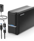 Drop Your Spare Ssd Or Hdd Into This Beefy Aluminum Dual Bay External Drive Enclosure Featuring Plug And Play Usb 3.0 Hookup With Rock Solid Raid 0 1 JBod And Power Saving Modes Up To Forty Tb, black dual bay enclosure with power adapter and USB cables.