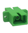 Green SC fiber optic adapter, female-to-female APC, panel-mount; three components shown