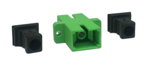 Green SC fiber optic adapter, female-to-female APC, panel-mount; three components shown