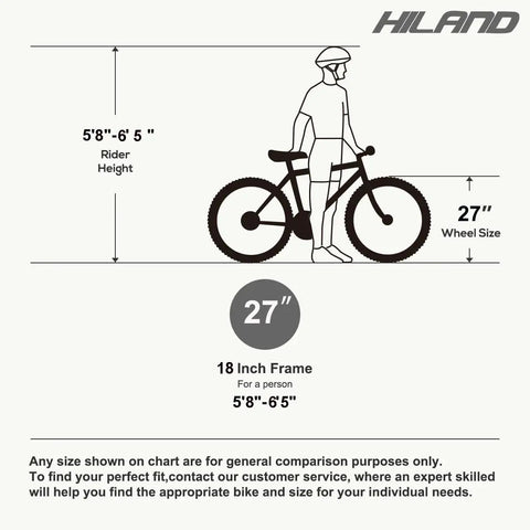 Size guide for 27 Point 5 Inch Mountain Bike With 21 Speeds Lockout Suspension Fork Aluminum Frame Hydraulic Disc Brakes