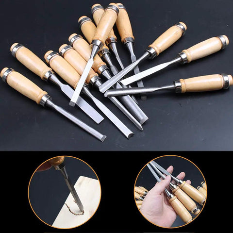 Pro Grade Wood Chisel Set 12 Piece with carving gouges, hardened steel chisels, beech wood handles, ideal for carpenters and woodworkers