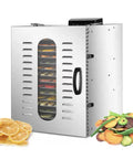 Heavy Hitter Commercial Food Dehydrator With 16 Stainless Steel Trays And 1500 Watts, showing dehydrated fruits and vegetables.
