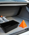 Heavy Duty L Shaped Plastic Oil Drain Pan For Universal Engine Fluids Brake Coolant And Transmission Maintenance Recycling Collection With Easy Pour Spout in a car trunk.