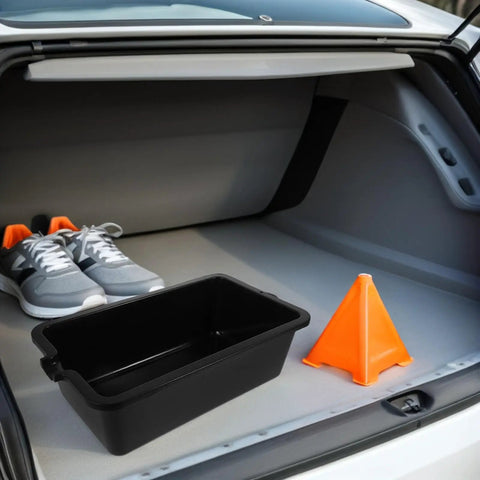 Heavy Duty L Shaped Plastic Oil Drain Pan For Universal Engine Fluids Brake Coolant And Transmission Maintenance Recycling Collection With Easy Pour Spout in a car trunk.