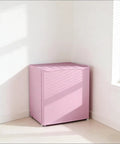 Slick Compact Upright Freezer Featuring Adjustable Temperature Settings Removable Shelf Reversible Door For Tight Kitchens in pink color.