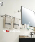 Sturdy Stainless Steel Towel Bar For The Bathroom No More Folding Towels Twenty Point Five Inch Total Length With Eighteen Inch Usable Bar 304 Grade Thick Tube And Posts Brushed Finish Wall Mount Rust Resistant Easy Install mounted below a mirror with towels hanging.