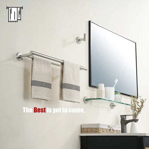 Sturdy Stainless Steel Towel Bar For The Bathroom No More Folding Towels Twenty Point Five Inch Total Length With Eighteen Inch Usable Bar 304 Grade Thick Tube And Posts Brushed Finish Wall Mount Rust Resistant Easy Install mounted below a mirror with towels hanging.