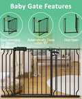 Extra Wide Pressure Mounted Baby Gate Walk Through For Kids And Pets 52 Inch To 57 Inch Black Safety Gate with features diagram