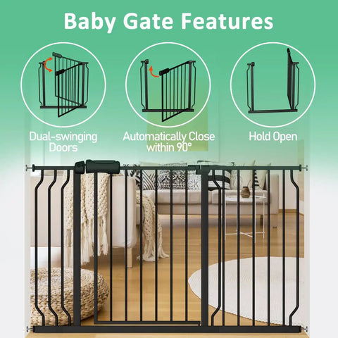 Diagram of Extra Wide Pressure Mounted Baby Gate With Walk Through Doorway Design For Kids And Pets Auto Close And Hold Open Feature