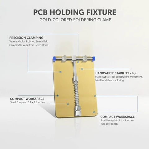 Versatile PCB Soldering Clamp For 3mm To 8mm Boards Gold Finish Stainless Steel Bench Fixture with precision clamping features.