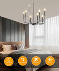 Bedroom with Black 8 Light Farmhouse Chandelier With Adjustable Height From 40 To 90 Inches, Dope Wrought Iron Candle Chandelier
