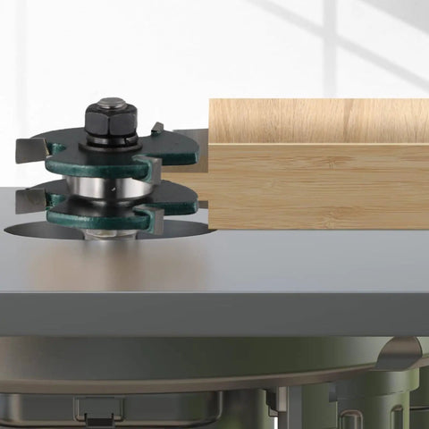 Awesome Woodworking Router Bit Set for Tongue Groove Joint Assembly with 12mm Shank And Microcrystalline Carbide Tips. Router bit on woodworking table.