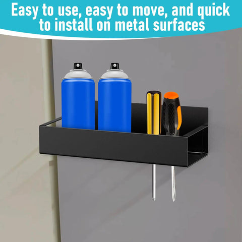 2 Pack Magnetic Spray Can Holders For Garage And Workshop Wall Mounted Spray Bottle Rack Handy Tool Organizer For Paints Oils Cleaners Open Access Design For Quick Grab Black Finish showcasing two blue spray cans and tools on gray metal surface.