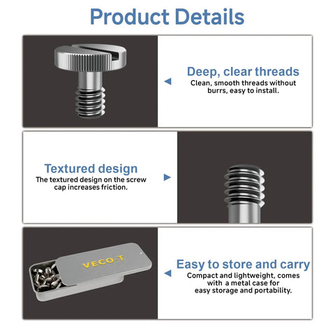 Top Shelf Stainless Steel 1/4 20 Camera Screw Set A Hella Tough 16 Pack Tripod Mount Kit with textured design details.