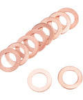 Pro Grade Copper Flat Washers M8 X 13mm X 1mm Sealing Rings for Screws Bolts and Nuts displayed in a row and scattered.