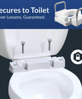 Bolt On Four And A Half Inch Raised Toilet Seat With Sturdy Support Handles No Wobble Hinges That Stay Tight shown secured to toilet