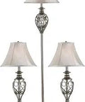 Cerise Silver 3 Pack Table Lamps And Floor Lamp Set, 2 table lamps and 1 floor lamp with classic silver finish and round silver fabric shade