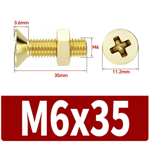 Stainless Steel M6 Cross Countersunk Head Screws With Hex Nuts Kit 304 Grade Indoor Outdoor Use Heavy Duty High Torque Drive Includes M6x25 Size 20 or 40 Piece Complete Sets M6x35 screw with nut side view