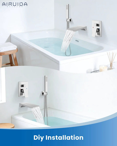 Wall Mount Tub Faucet With Waterfall Spout And Handheld Shower in chrome finish installed over bath tub