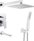3-Function Brass Valve Rainfall Shower System With Tub Spout And Handheld, 10-In Square Chrome Wall Mount Fixtures