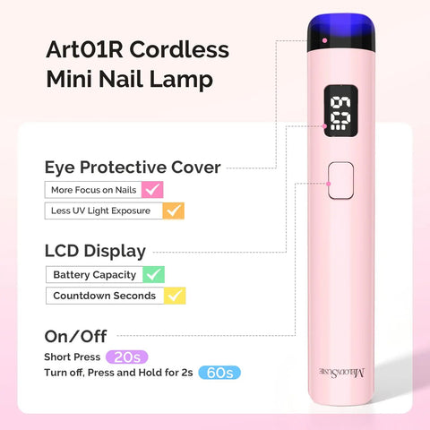 Lightweight Cordless Nail Drill With Handheld UV Lamp Beginner Gel Manicure Kit showing Art01R mini nail lamp features and controls.