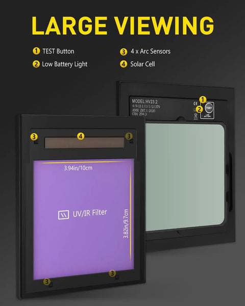 Back view of auto darkening welding helmet showing 3.94x3.82 inch screen, true color lens, and four arc sensors