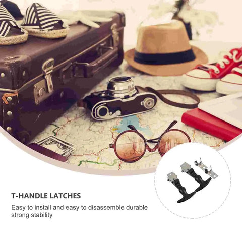 Heavy Duty Rubber Latches 2 Pack Stainless Steel T Handle Draw Latches with travel items like camera and hat on map