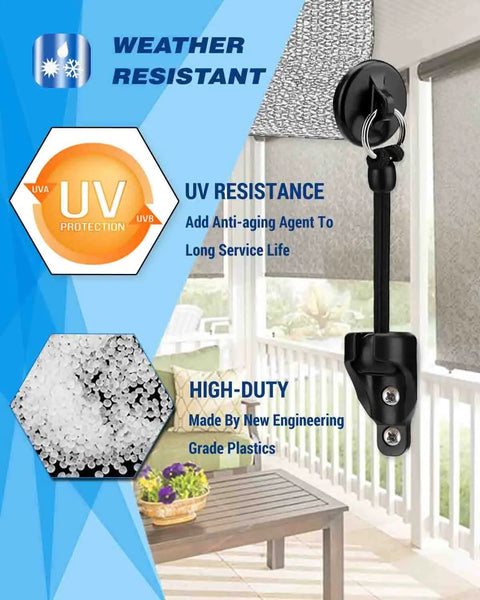 Built Tough Outdoor Roller Shade Bungee Kit with UV resistance, showcasing end cap detail and outdoor patio setting.