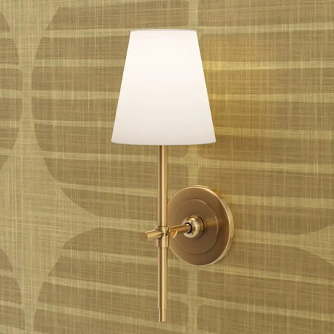 Stylish wall sconce light fixture on High End Geometric Stripe Gold Metallic Wallpaper For Walls for modern decor.