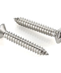 Top Shelf 304 Stainless Steel Number 12 X 1-1/2 Flat Head Sheet Metal And Wood Screws, 50 Pack self tapping fasteners shown in close-up.