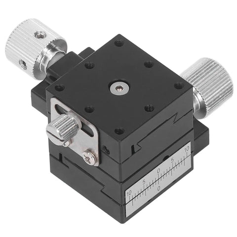 Pro Grade Manual XY Sliding Stage With Dovetail Guide And Lead Screw Fine Tune For Precise Lab And Optical Alignment Ideal For Waveguide Alignment Fiber Coupling Micropositioning And High Stability, close-up view of knobs and scale