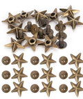 Front view of brass star-shaped studs with screw posts and washers, 14mm Chicago screws, 50-piece DIY clothing accessories