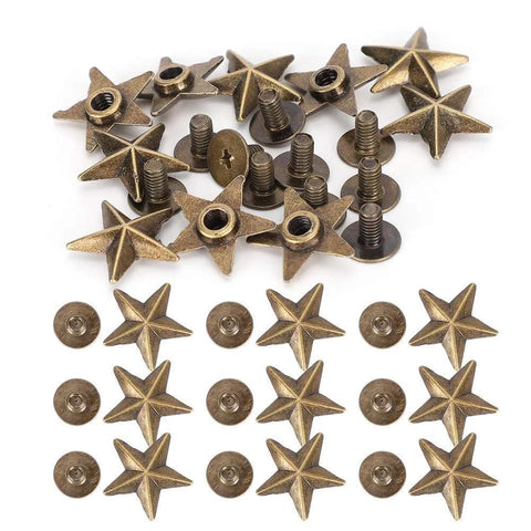 Front view of brass star-shaped studs with screw posts and washers, 14mm Chicago screws, 50-piece DIY clothing accessories