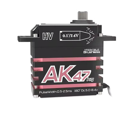 Beefy Waterproof Brushless Digital Servo Motor Built With Durable Stainless Steel Gears And Rock Solid Forty Seven Kilogram Grip At Lightning Fast Point Zero Zero Seven Second Response Timing For Aggressive Rc Dirt Trail Crawling Upgrades, side view with labels and connectors visible.